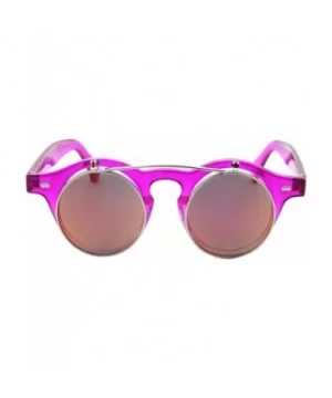 Flip Up Round Punk Sunglasses Steampunk Circle Retro - Transparent Hot Pink Frame - Fire Mirror Lens - C818E7ZNYZC $9.73 Round