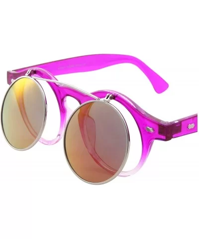 Flip Up Round Punk Sunglasses Steampunk Circle Retro - Transparent Hot Pink Frame - Fire Mirror Lens - C818E7ZNYZC $9.73 Round