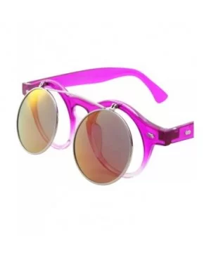 Flip Up Round Punk Sunglasses Steampunk Circle Retro - Transparent Hot Pink Frame - Fire Mirror Lens - C818E7ZNYZC $9.73 Round