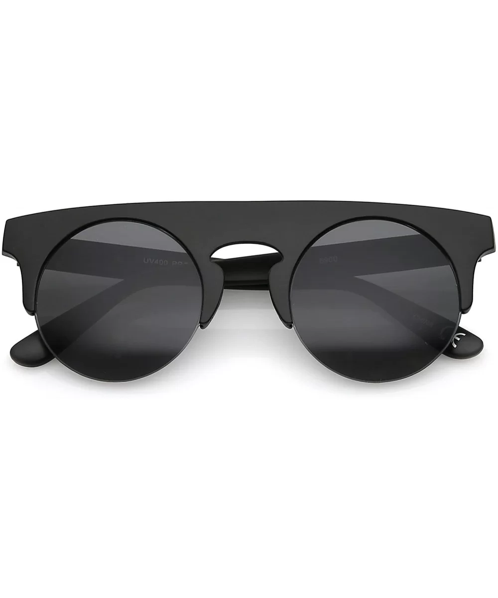 Modern Flat Top Horn Rimmed Round Flat Lens Semi Rimless Sunglasses 48mm - Matte Black / Smoke - CP17YHSXK4K $8.31 Round