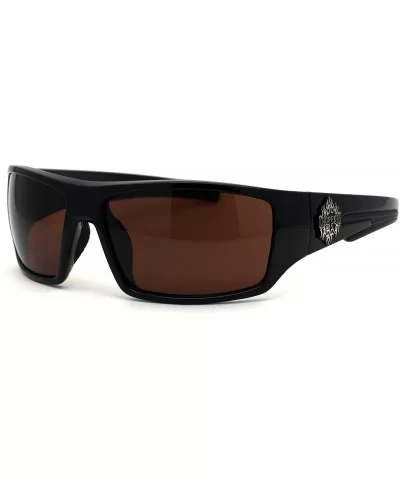 Flame Logo Biker Warp Plastic Rectangular Sunglasses - Shiny Black Brown - CG194KQK9YE $11.00 Sport