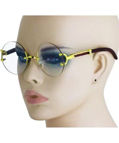 Men's Gold Color Wood Effect Rimless Round Fashion Frame Vintage Retro Style Retro Eye Glasses - CF18S6M39Y6 $8.86 Round