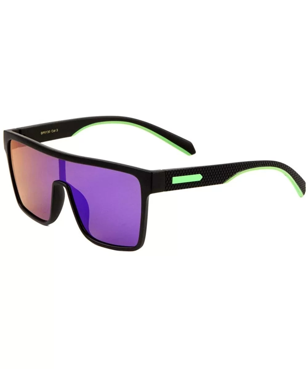 Flat Top One Piece Shield Lens Texture Temple Sunglasses - Purple Green - CW197YMRW73 $8.51 Shield