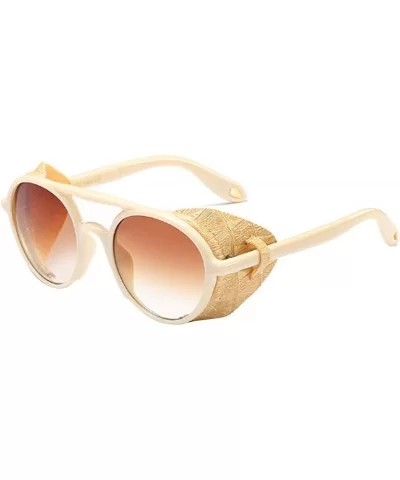 Women's Retro Classic Round Plastic Frame Sunglasses With Leather - Beige Yellow Brown - C518WG0CGZN $20.37 Round