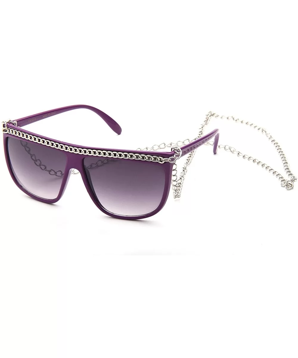 Women Flat Top Oversized Retro Chain Sunglasses w/Metal Chain on Top & Neck - Purple - CA117DDZ2ST $5.68 Oversized