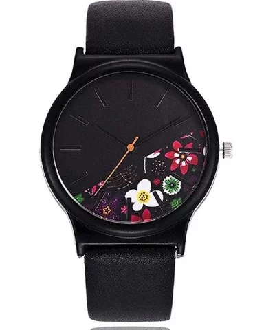 Women's Analog Quartz Watch - Unique Black PU Leather Strap with Colored Floral Round Dial - C - CK18SHWMYT5 $5.31 Round