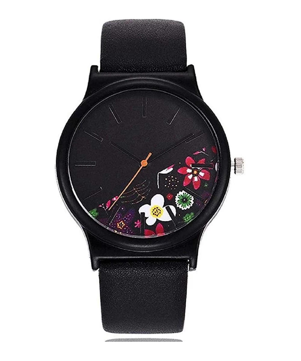 Women's Analog Quartz Watch - Unique Black PU Leather Strap with Colored Floral Round Dial - C - CK18SHWMYT5 $5.31 Round