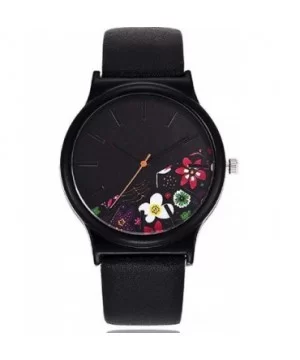 Women's Analog Quartz Watch - Unique Black PU Leather Strap with Colored Floral Round Dial - C - CK18SHWMYT5 $5.31 Round