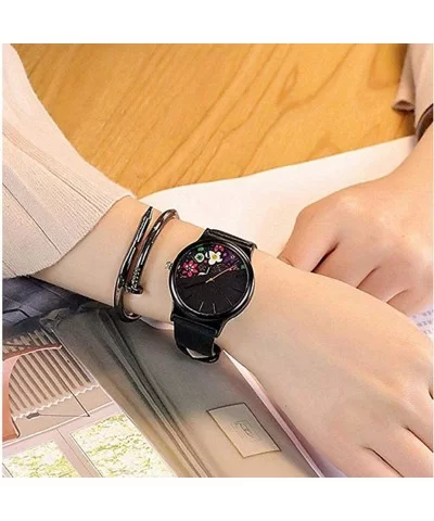 Women's Analog Quartz Watch - Unique Black PU Leather Strap with Colored Floral Round Dial - C - CK18SHWMYT5 $5.31 Round