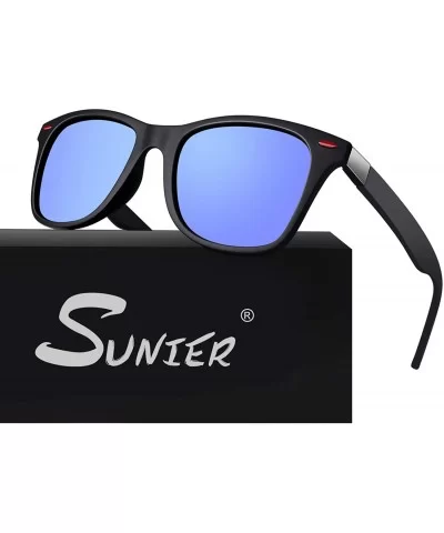 Polarized Sunglasses for Men Retro Classic Square Frame Shades SR003 - Z 0 Matte Black Frame Mirrored Blue Lens - C518T83NWWQ...