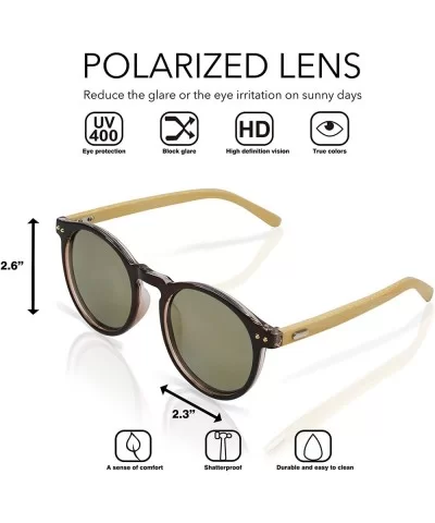 Polarized Round Bamboo Sunglasses for Men and Women - UV Protection with Wooden Arms - Brown Solid - CP18DYIE479 $9.64 Round