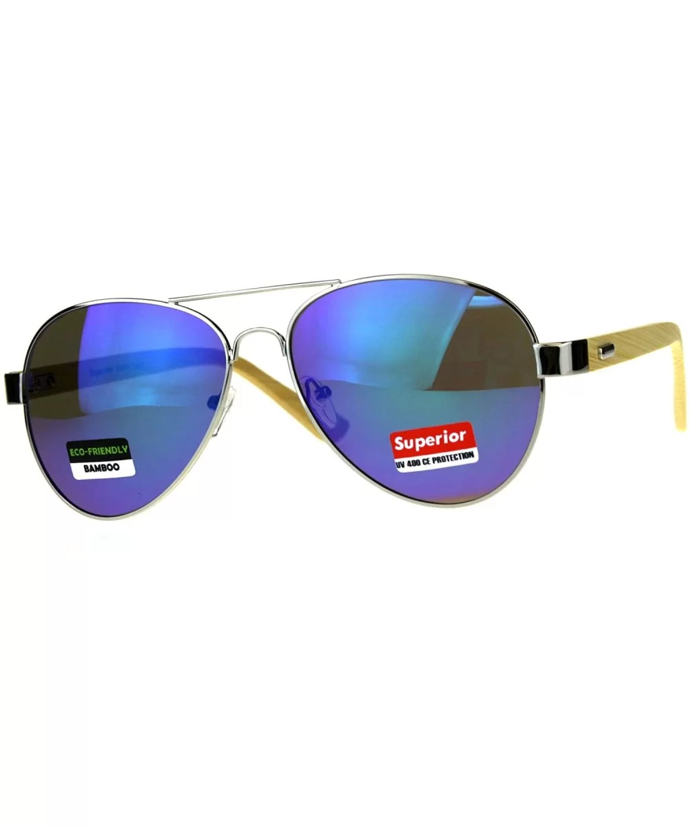 Real Bamboo Wood Temple Sunglasses Unisex Aviator Mirror Lens UV 400 - Silver (Teal Mirror) - CM18DCSAR7W $11.87 Aviator