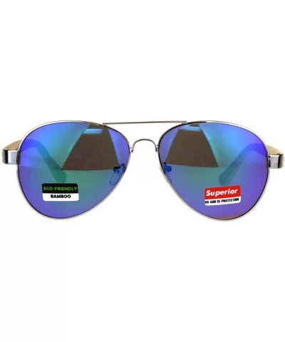 Real Bamboo Wood Temple Sunglasses Unisex Aviator Mirror Lens UV 400 - Silver (Teal Mirror) - CM18DCSAR7W $11.87 Aviator