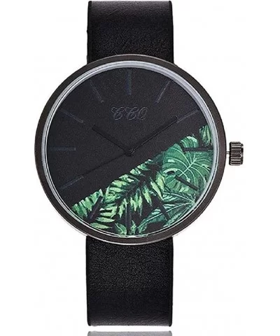 Women's Analog Quartz Watch- Unique Black PU Leather Strap with Colored Floral Round Dial - H - CD18SN3YS9D $7.40 Round