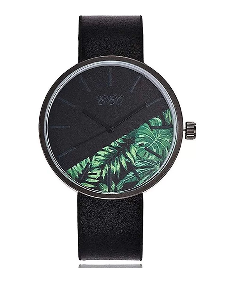 Women's Analog Quartz Watch- Unique Black PU Leather Strap with Colored Floral Round Dial - H - CD18SN3YS9D $7.40 Round