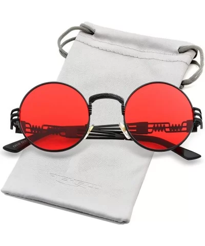 Round Steampunk Sunglasses John Lennon Hippie Glasses Metal Frame 100% UV Blocking Lens - Black/Ocean Red - C718WC5MG5R $9.33...