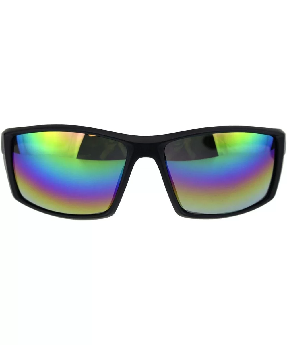 Mens Warp Around Plastic Squared Rectangular Sport Sunglasses - Matte Black Oil Slick Mirror - CS18QS0U6UN $8.40 Rectangular