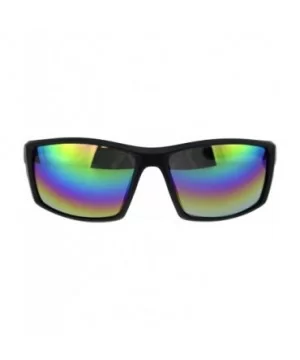 Mens Warp Around Plastic Squared Rectangular Sport Sunglasses - Matte Black Oil Slick Mirror - CS18QS0U6UN $8.40 Rectangular