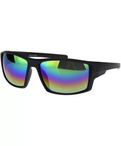 Mens Warp Around Plastic Squared Rectangular Sport Sunglasses - Matte Black Oil Slick Mirror - CS18QS0U6UN $8.40 Rectangular