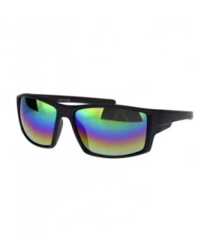 Mens Warp Around Plastic Squared Rectangular Sport Sunglasses - Matte Black Oil Slick Mirror - CS18QS0U6UN $8.40 Rectangular