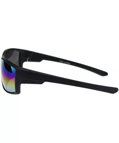 Mens Warp Around Plastic Squared Rectangular Sport Sunglasses - Matte Black Oil Slick Mirror - CS18QS0U6UN $8.40 Rectangular