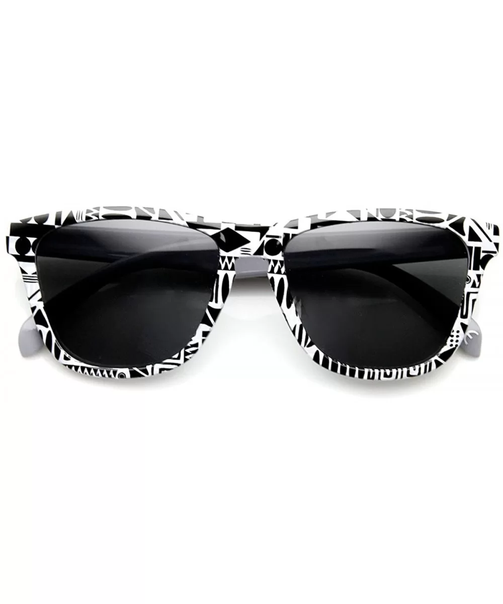 Native Print Geometric Shapes Keyhole Bridge Horn Rimmed Sunglasses - Black-white-native - CO11N9M8KEL $6.87 Sport