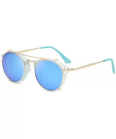 Clip On Sunglasses Steampunk Style and Round Mirrored Lens - D3 blue Mirror Lens+gold Frame - CA17XMRXXNS $10.28 Round