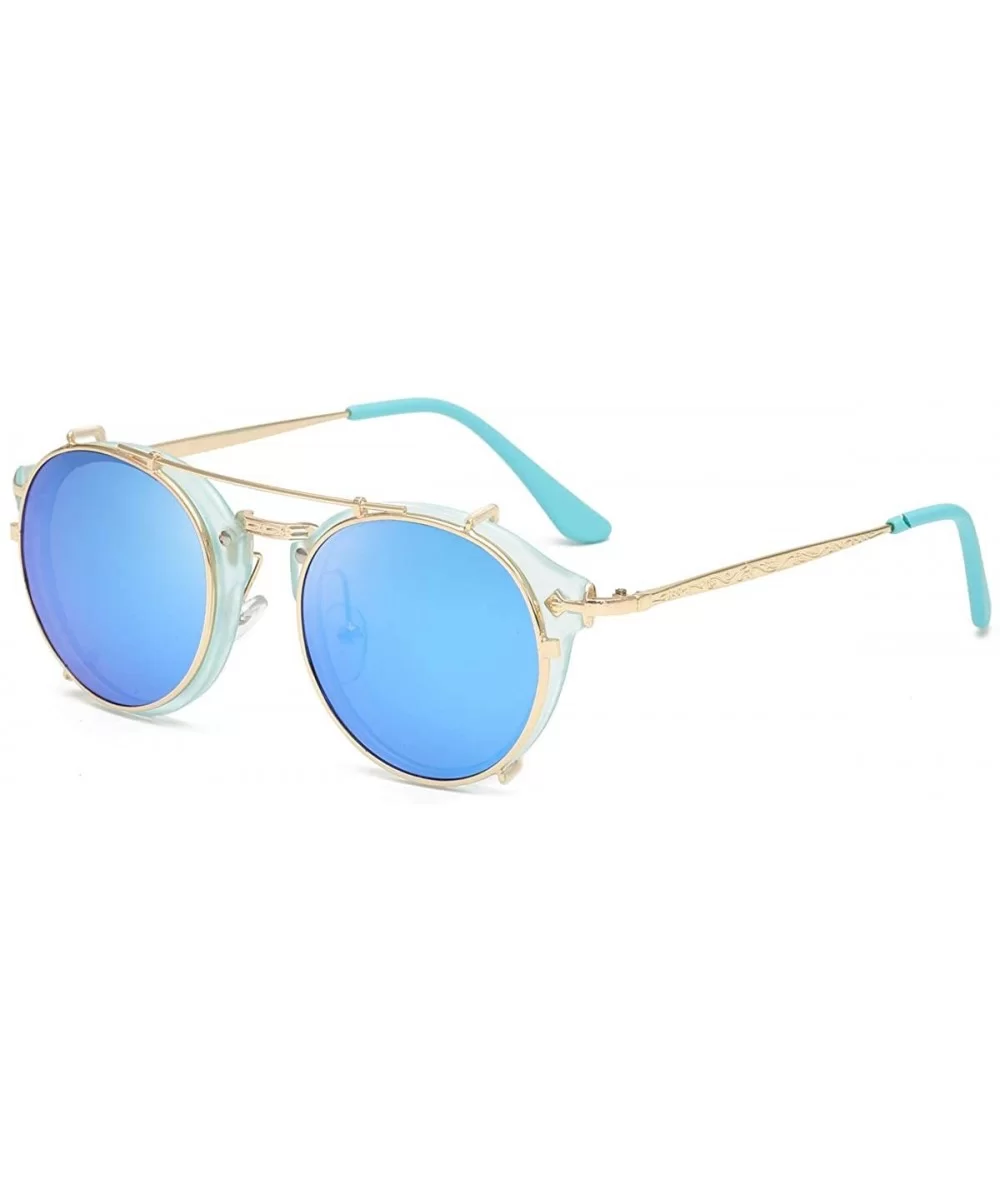 Clip On Sunglasses Steampunk Style and Round Mirrored Lens - D3 blue Mirror Lens+gold Frame - CA17XMRXXNS $10.28 Round