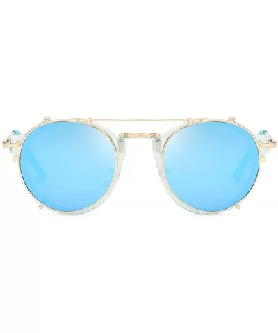 Clip On Sunglasses Steampunk Style and Round Mirrored Lens - D3 blue Mirror Lens+gold Frame - CA17XMRXXNS $10.28 Round