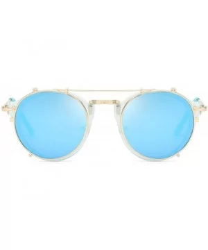 Clip On Sunglasses Steampunk Style and Round Mirrored Lens - D3 blue Mirror Lens+gold Frame - CA17XMRXXNS $10.28 Round