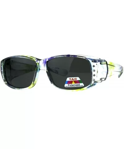 Polarized Womens Floral Print Fit Over Rectangular 54mm Sunglasses - Clear Blue Yellow - CP18D4KCM78 $8.51 Oversized