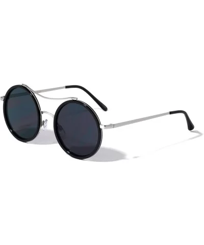 Flat Lens Double Plastic Metal Rim Curved Top Bar Round Sunglasses - Black Silver - C0190CAX74S $11.94 Round