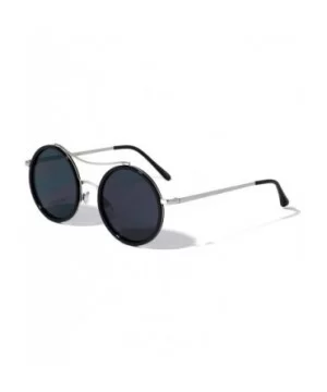 Flat Lens Double Plastic Metal Rim Curved Top Bar Round Sunglasses - Black Silver - C0190CAX74S $11.94 Round