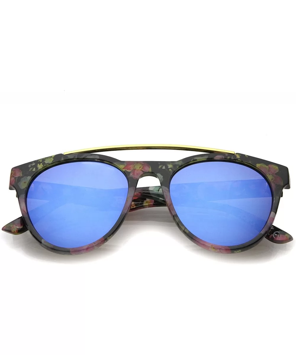 Women's Floral Metal Brow Bar Colored Mirror Lens P3 Round Sunglasses 50mm - Black-floral / Blue Mirror - CJ12MYV0NY2 $7.87 R...