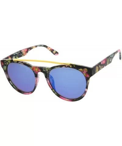 Women's Floral Metal Brow Bar Colored Mirror Lens P3 Round Sunglasses 50mm - Black-floral / Blue Mirror - CJ12MYV0NY2 $7.87 R...