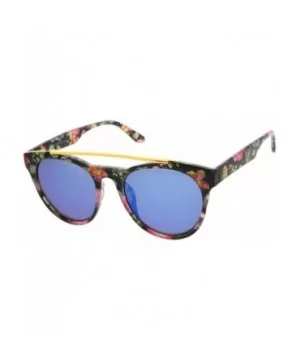 Women's Floral Metal Brow Bar Colored Mirror Lens P3 Round Sunglasses 50mm - Black-floral / Blue Mirror - CJ12MYV0NY2 $7.87 R...