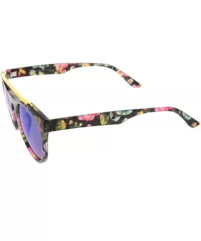 Women's Floral Metal Brow Bar Colored Mirror Lens P3 Round Sunglasses 50mm - Black-floral / Blue Mirror - CJ12MYV0NY2 $7.87 R...