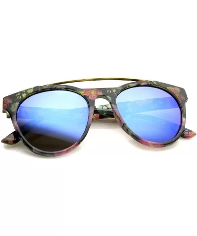 Women's Floral Metal Brow Bar Colored Mirror Lens P3 Round Sunglasses 50mm - Black-floral / Blue Mirror - CJ12MYV0NY2 $7.87 R...