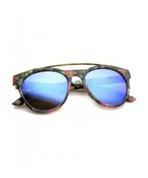 Women's Floral Metal Brow Bar Colored Mirror Lens P3 Round Sunglasses 50mm - Black-floral / Blue Mirror - CJ12MYV0NY2 $7.87 R...