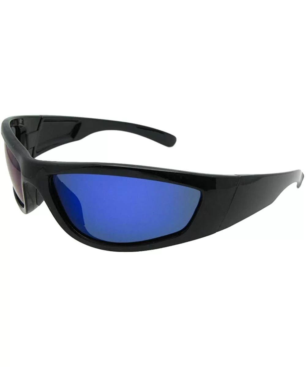 Wrap Around Color Mirror Polarized Sunglasses PSR29 - Black Frame Blue Mirrored Gray Lenses - CT18LYYA27C $13.19 Wrap