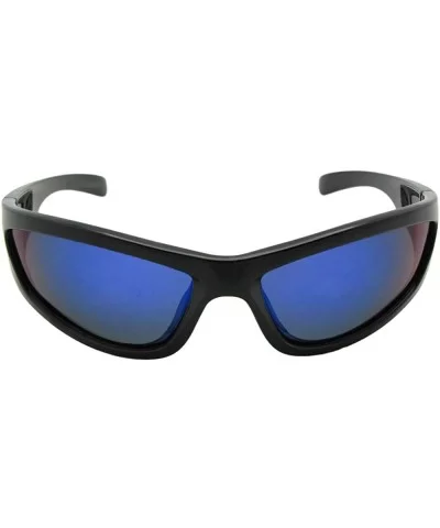 Wrap Around Color Mirror Polarized Sunglasses PSR29 - Black Frame Blue Mirrored Gray Lenses - CT18LYYA27C $13.19 Wrap