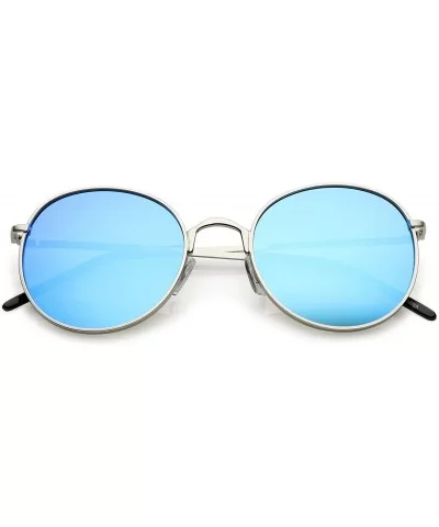 Classic Metal Frame Thin Arms Colored Mirror Round Flat Lens Sunglasses 52mm - Silver / Blue Mirror - CM183X68YH0 $6.91 Round