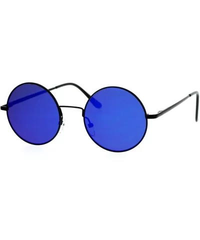 Round Circle Frame Sunglasses Unisex Thin Metal Spring Hinge Flat Lens - Black (Blue Mirror) - CJ187EW6ID7 $5.87 Round