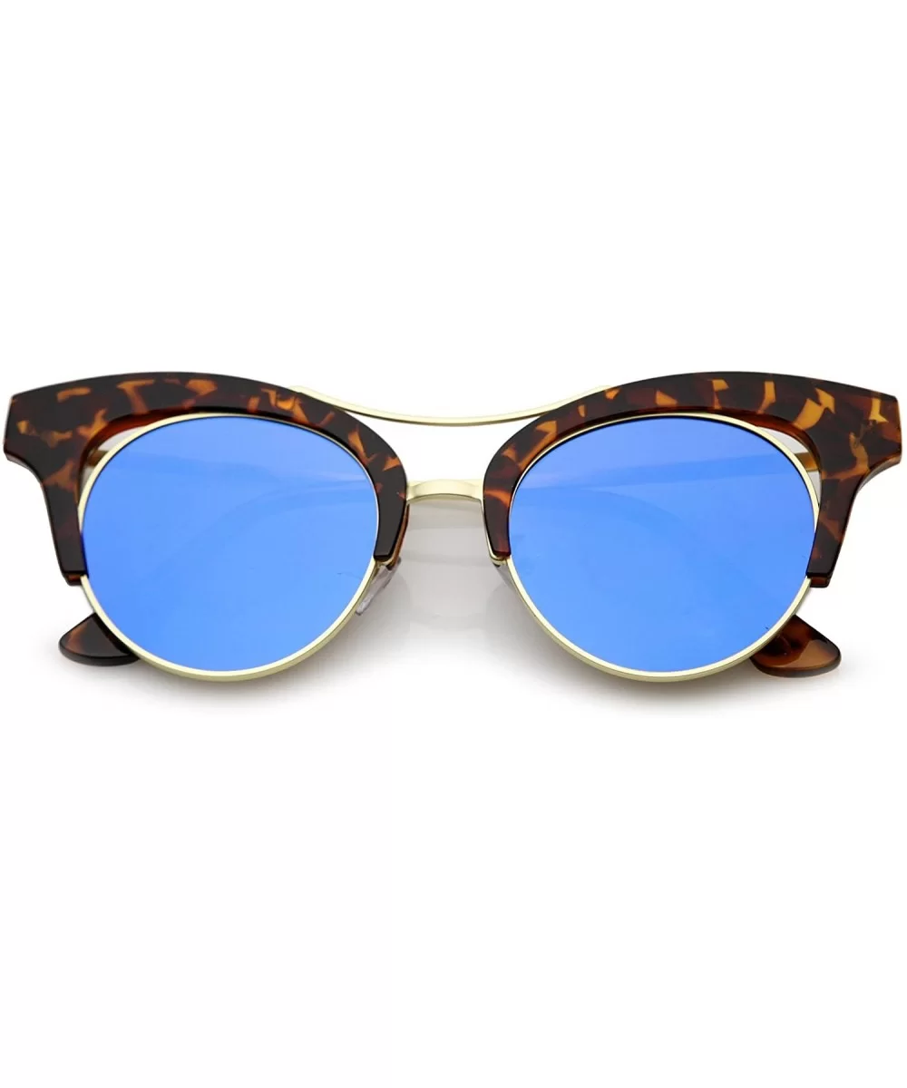 Women's Oversize Cutout Brow Bar Mirror Round Flat Lens Cat Eye Sunglasses 51mm - Tortoise-gold / Blue Mirror - CT17YHQIMHC $...