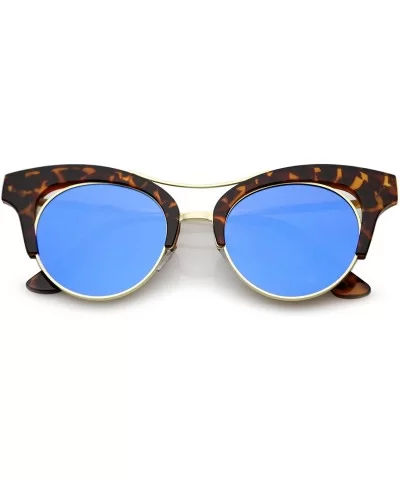 Women's Oversize Cutout Brow Bar Mirror Round Flat Lens Cat Eye Sunglasses 51mm - Tortoise-gold / Blue Mirror - CT17YHQIMHC $...