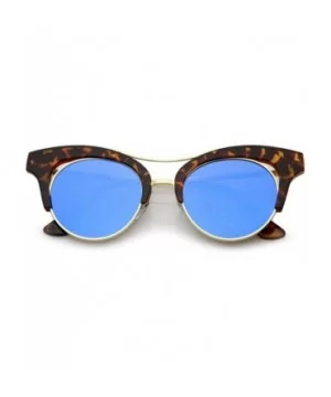 Women's Oversize Cutout Brow Bar Mirror Round Flat Lens Cat Eye Sunglasses 51mm - Tortoise-gold / Blue Mirror - CT17YHQIMHC $...