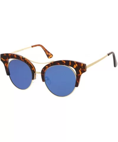 Women's Oversize Cutout Brow Bar Mirror Round Flat Lens Cat Eye Sunglasses 51mm - Tortoise-gold / Blue Mirror - CT17YHQIMHC $...