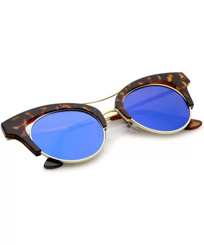 Women's Oversize Cutout Brow Bar Mirror Round Flat Lens Cat Eye Sunglasses 51mm - Tortoise-gold / Blue Mirror - CT17YHQIMHC $...