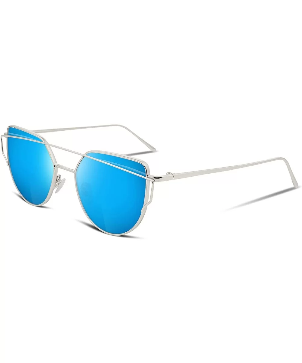 Cat Eye Fashion Metal Frame Mirrored Flat Lenses Women Sunglasses B2206 - 08 Silver Frame Blue Mirror Lens - CW12NFIMPK9 $8.8...