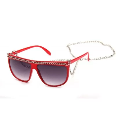 Women Flat Top Oversized Retro Chain Sunglasses w/Metal Chain on Top & Neck - Red - CS117DDZ2LB $7.60 Oversized